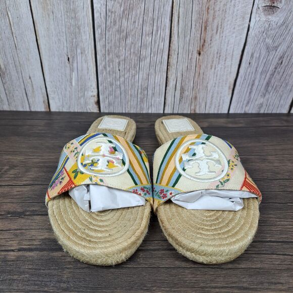 Tory Burch Benton Open Toe Women's Sz 8.5 Espadrille Slides Ribbon Weave Floral - Picture 2 of 9